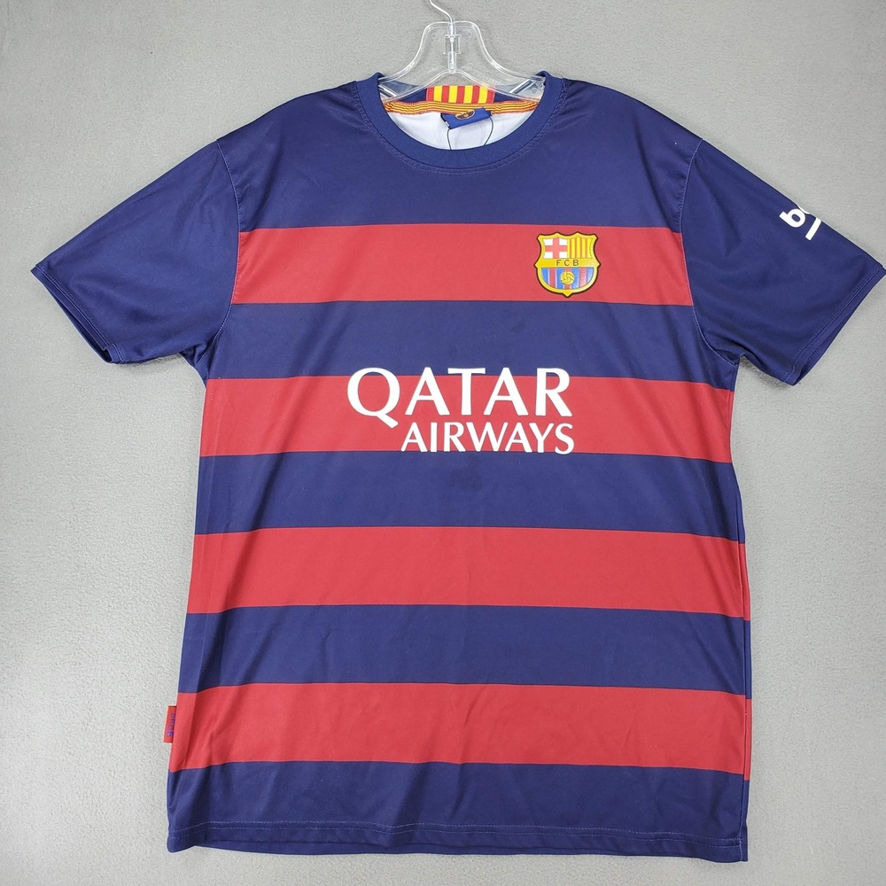 FC Barcelona Soccer Jersey Mens L Blue Red Messi 10 Qatar Airways Striped FCB